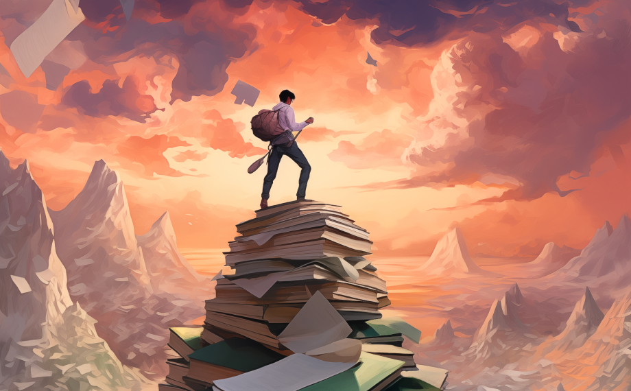 A person with a backpack stands atop a large stack of books, overlooking a dramatic, colorful sky and mountainous landscape, with loose papers floating around.