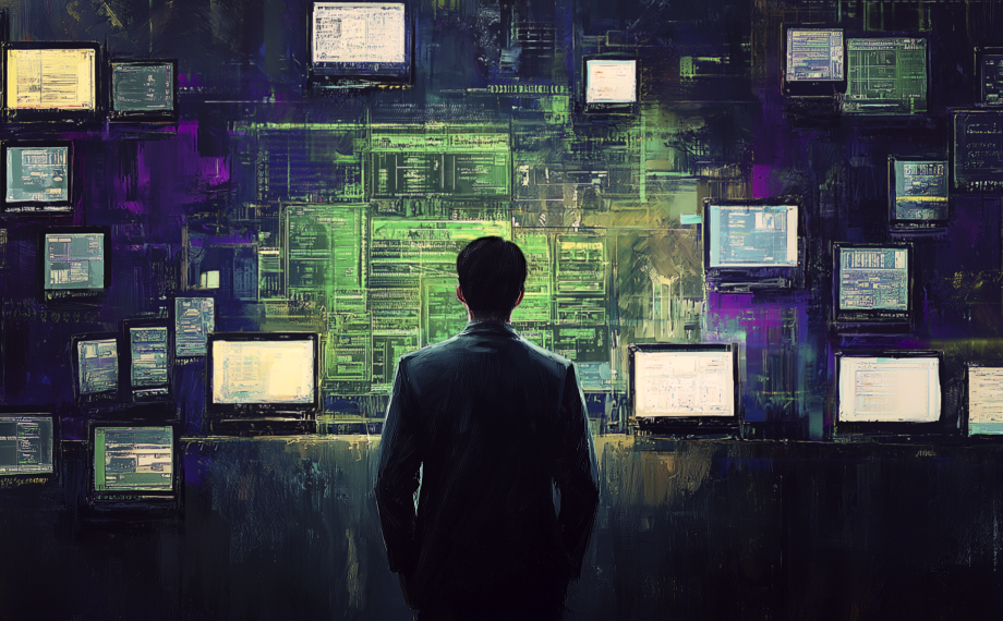A person in a suit stands facing a wall filled with multiple glowing computer screens displaying code and data, surrounded by dark, abstract digital patterns.