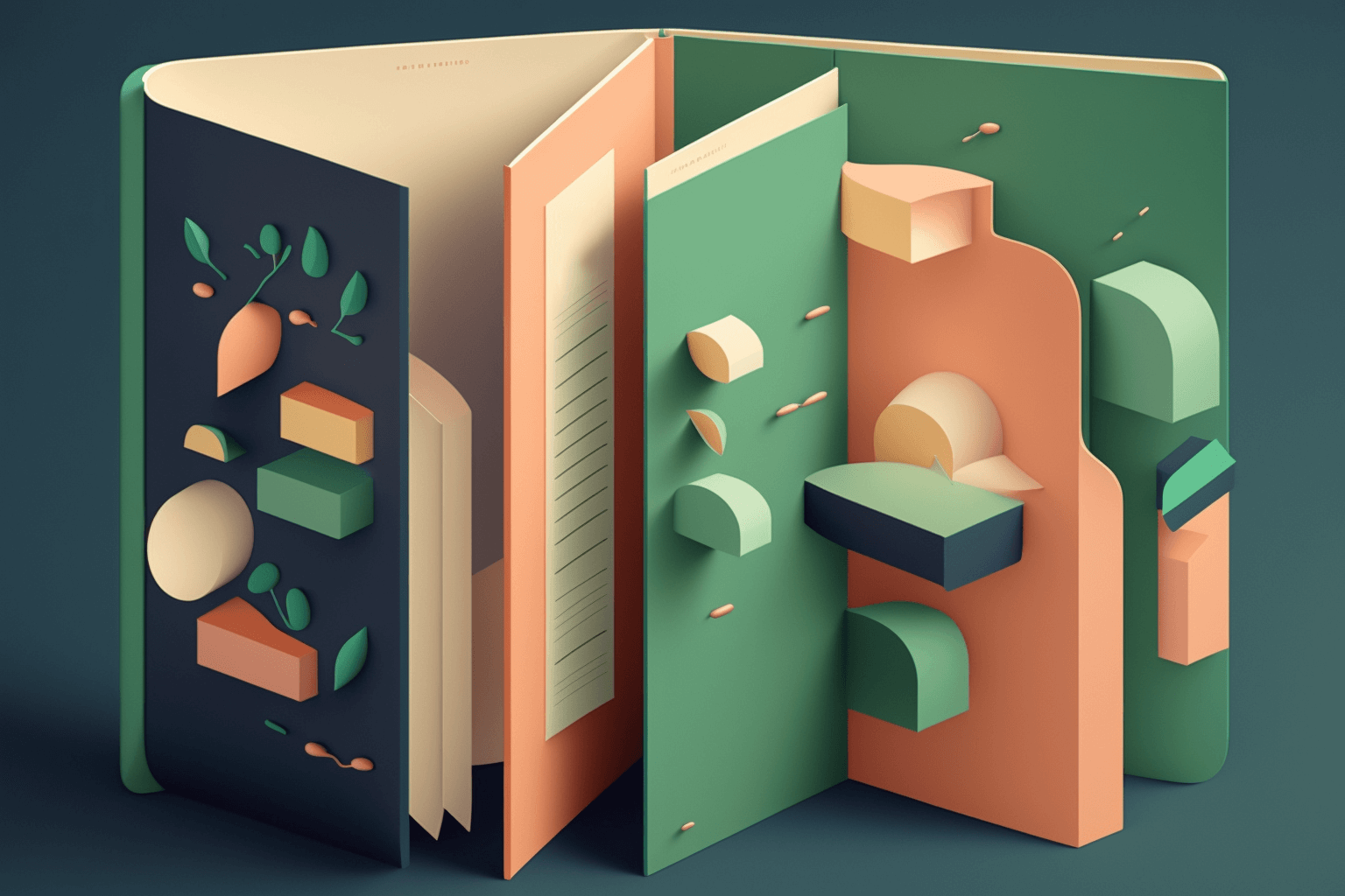 A colorful, stylized pop-up book with abstract geometric shapes and nature-inspired cutouts in green, peach, and beige, creating a playful, three-dimensional design against a dark background.