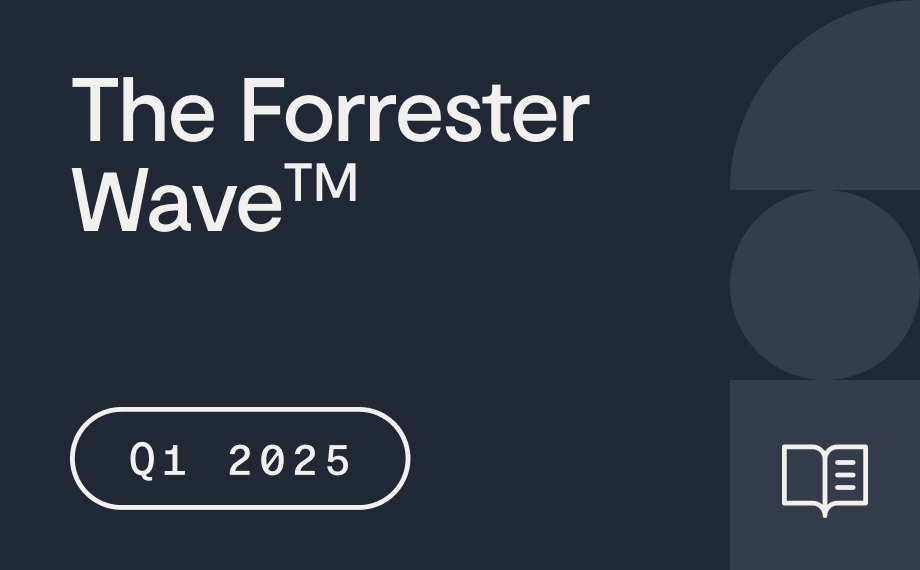 Dark blue graphic with the text The Forrester Wave™ Q1 2025 and a small book icon in the lower right corner.