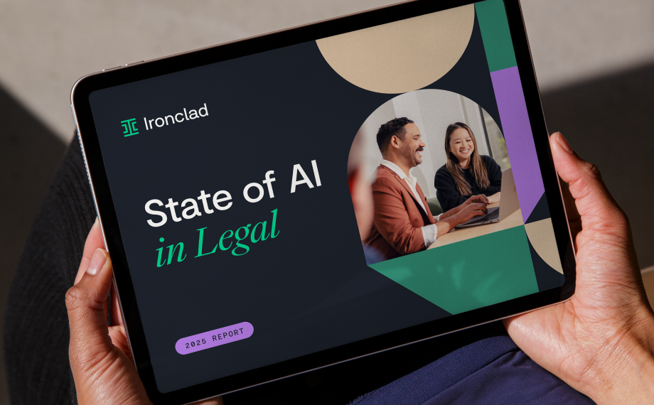 A person holds a tablet displaying a report titled State of AI in Legal by Ironclad, showing a colorful design and a photo of two smiling professionals meeting, with 2025 Report noted at the bottom.