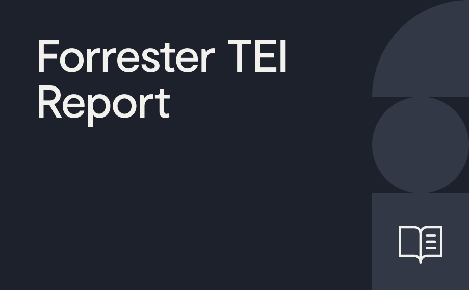 Dark background with the text Forrester TEI Report on the left, abstract geometric shapes, and an open book icon on the bottom right.