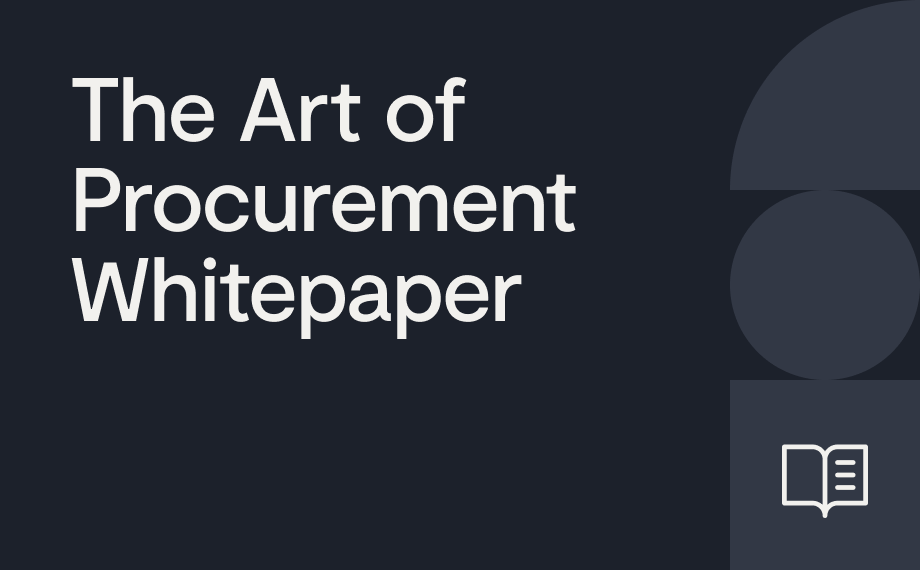 White text on a dark background reads “The Art of Procurement Whitepaper.” A small open book icon appears at the bottom right, with abstract geometric shapes above it.