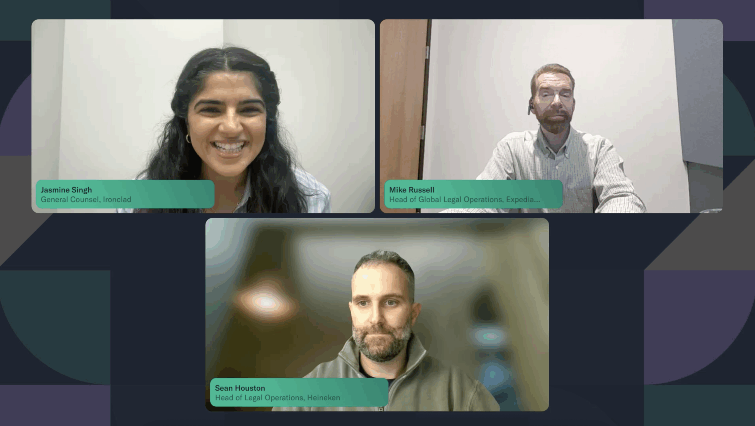 A video call with three people discussing legal metrics: Jasmine Singh (top left), smiling; Mike Russell (top right), wearing glasses; and Sean Houston (bottom center), with a beard. Each has their name and title in a green label.