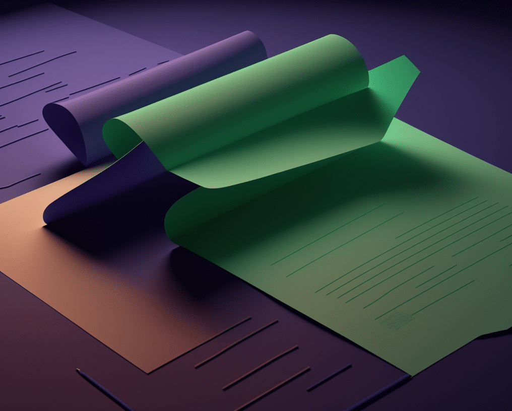 Sheets of colorful paper, including green, orange, and purple, are layered and fanned out on a flat surface. Soft, dramatic lighting creates shadows and highlights the sleek texture of the pages.