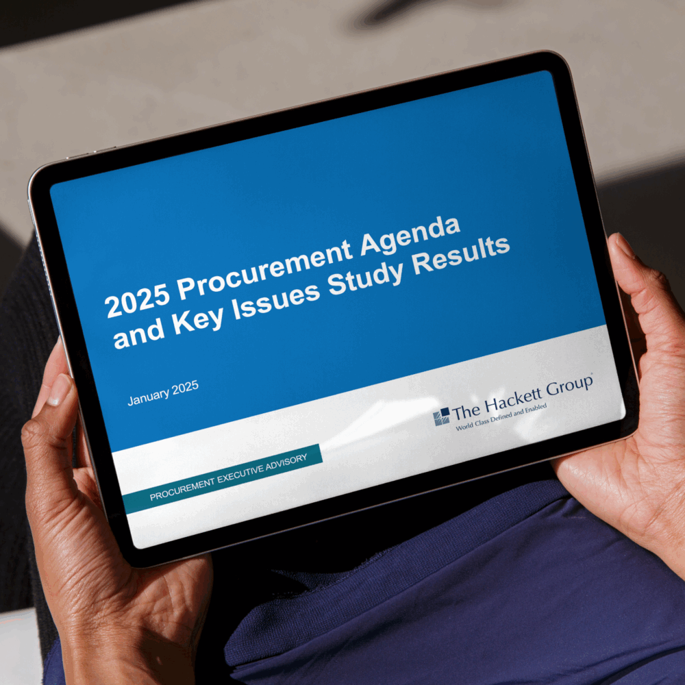 A person holds a tablet displaying a presentation titled 2025 Procurement Agenda and Key Issues Study Results by The Hackett Group, featuring insights on AI, dated January 2025.