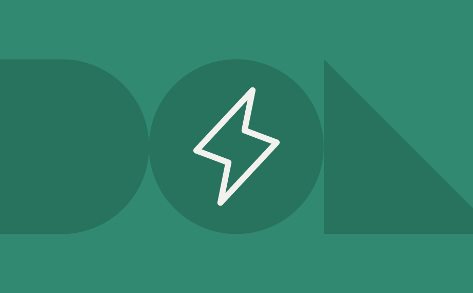 A green background with the word DON in large, abstract geometric shapes; a white lightning bolt icon is centered within the letter O.