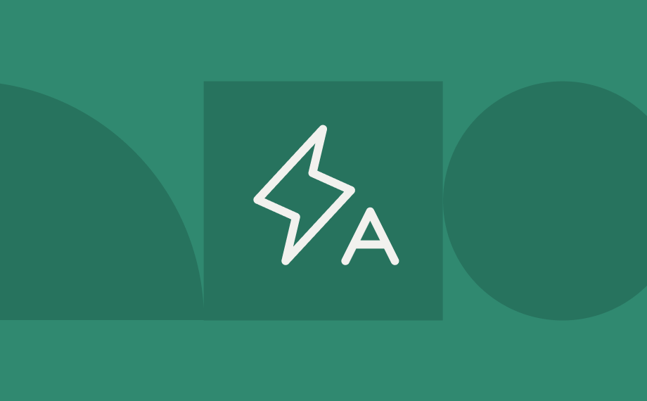 A white lightning bolt symbol with the letter A next to it is centered on a green background with geometric shapes, including a semicircle on the left and a circle on the right.