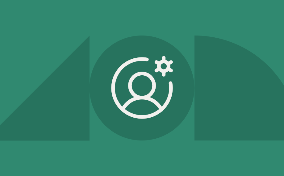 A white icon of a person with a gear symbol, centered on a green background with geometric shapes, including a circle, triangle, and semi-circle.