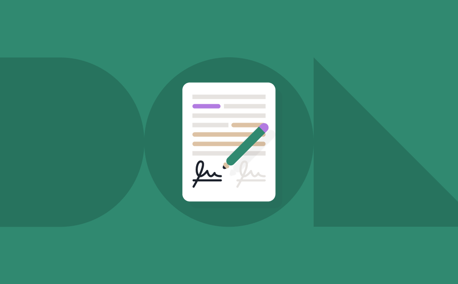 An illustration of a document with colorful lines, a green pencil, and two signatures, placed on a green background with large, stylized shapes.