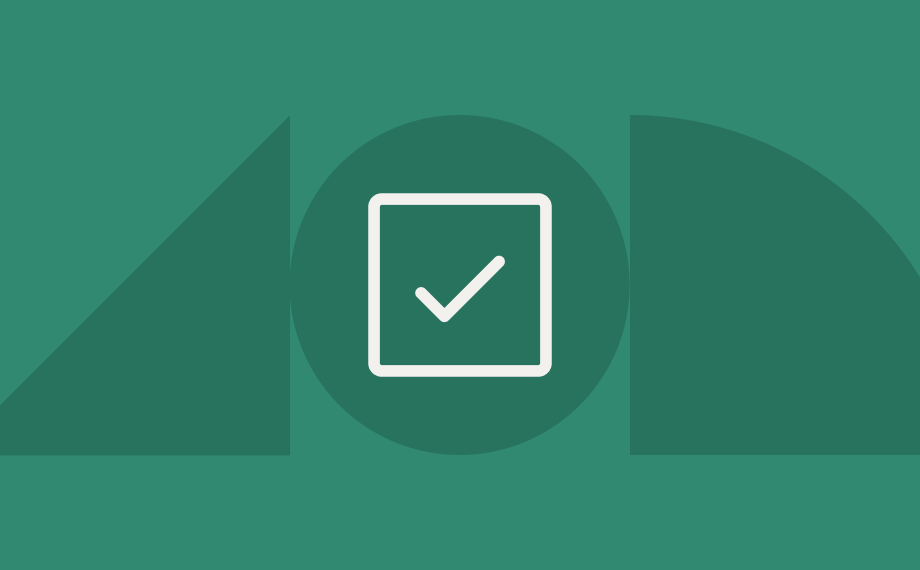 A white checkmark inside a square is centered on a green background with abstract geometric shapes, including a triangle on the left and a semicircle on the right.