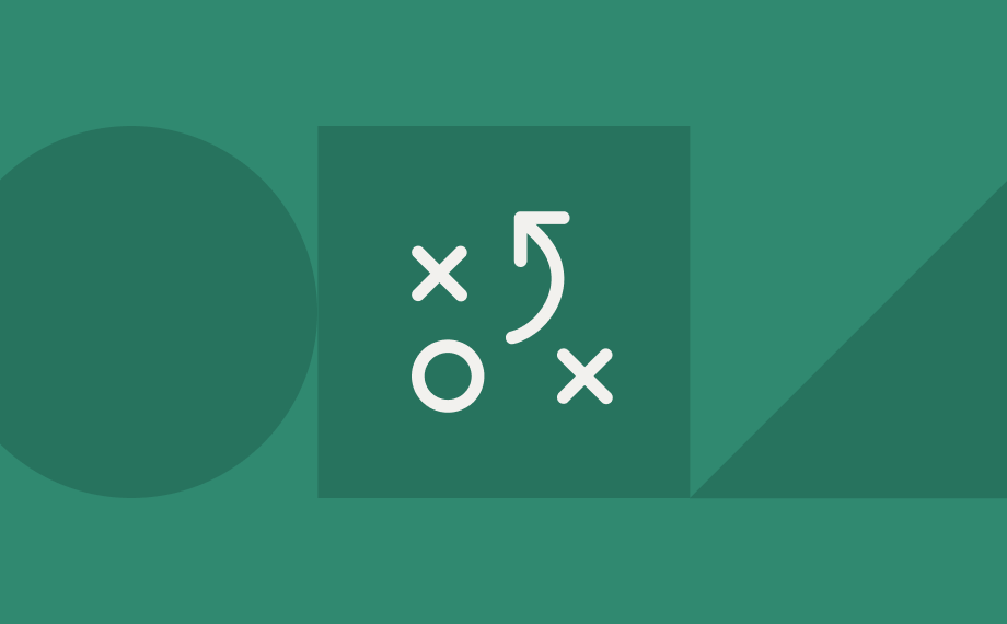 A graphic with a dark green background features abstract shapes and a white icon of a play or strategy diagram, showing a circle, two Xs, and a curved arrow inside a square.