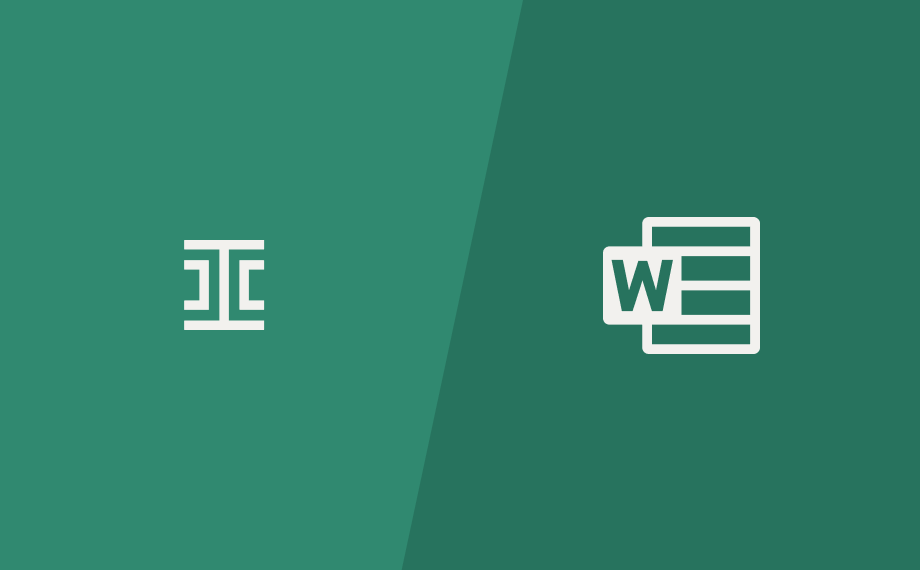 Two minimalist icons on a green background: the left icon resembles a code or document symbol, while the right icon features a W over paper lines, representing Microsoft Word.