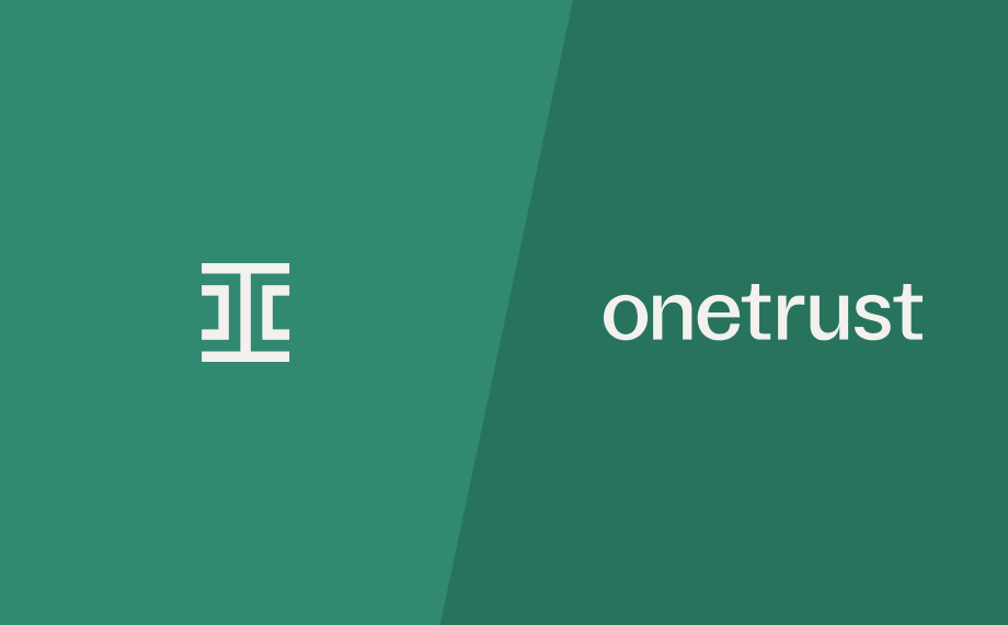 A green background with a white geometric logo on the left and the word onetrust in lowercase white text on the right.