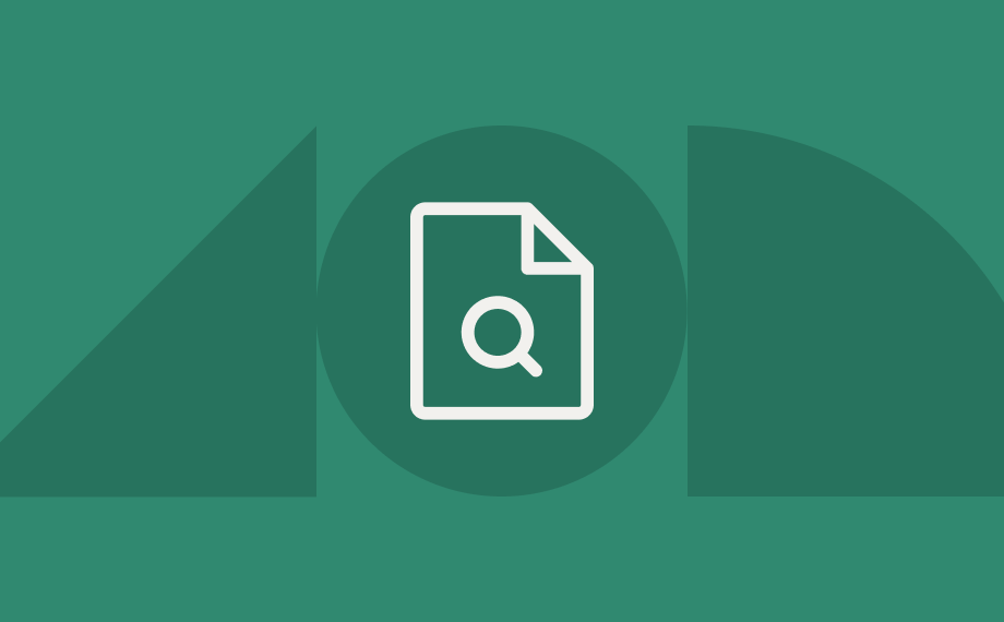 A white document icon with a magnifying glass is centered on a green background with abstract geometric shapes.