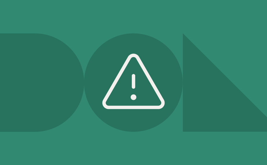 A white warning triangle with an exclamation mark inside is centered on a green background with abstract shapes.