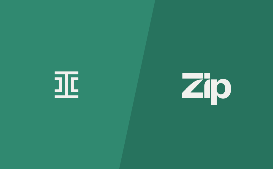 Split green background with a geometric logo on the left and the word Zip in bold white letters on the right. Both elements are centered in their respective halves.