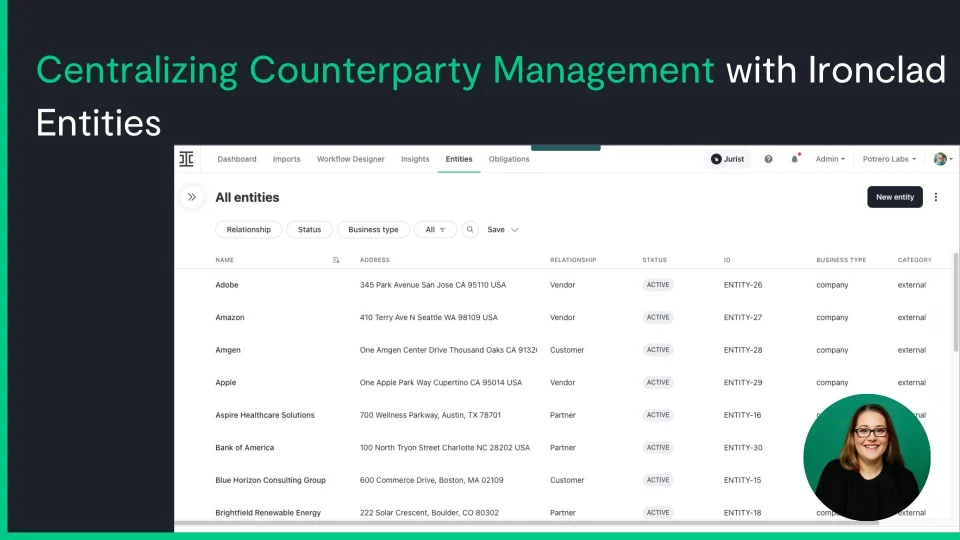title card for product video around counterparty management with entities in CLM