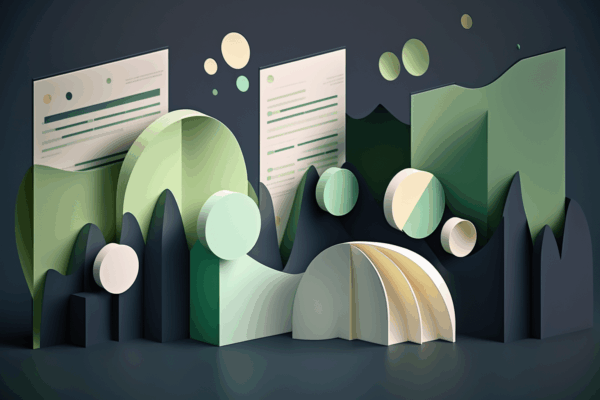 Abstract illustration featuring various green and beige paper-like shapes, circles, charts, and documents, symbolizing data analysis, reports, and statistical information—ideal for showcasing insights with Ironclad Word Add-In on a dark background.