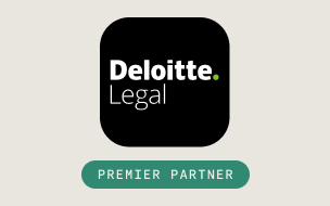 Deloitte Legal logo in a black square above a green rounded rectangle with the text Premier Partner on a light gray background.