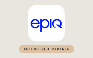 Logo with the word epiq in blue text inside a rounded white square above a tan rectangle containing the words AUTHORIZED PARTNER in uppercase letters. The background is light beige.