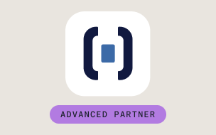 A stylized dark blue and light blue logo inside a rounded white square is above a rounded purple rectangle with the words ADVANCED PARTNER in uppercase black letters. The background is light gray.