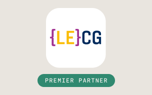 Logo with the text {LE}CG in multicolored letters inside a rounded square, above a green rounded rectangle containing the words PREMIER PARTNER in white uppercase letters.