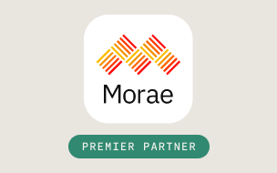 Morae logo with three overlapping orange and yellow striped shapes above the word Morae. Below, a green oval label reads Premier Partner. The background is light gray.