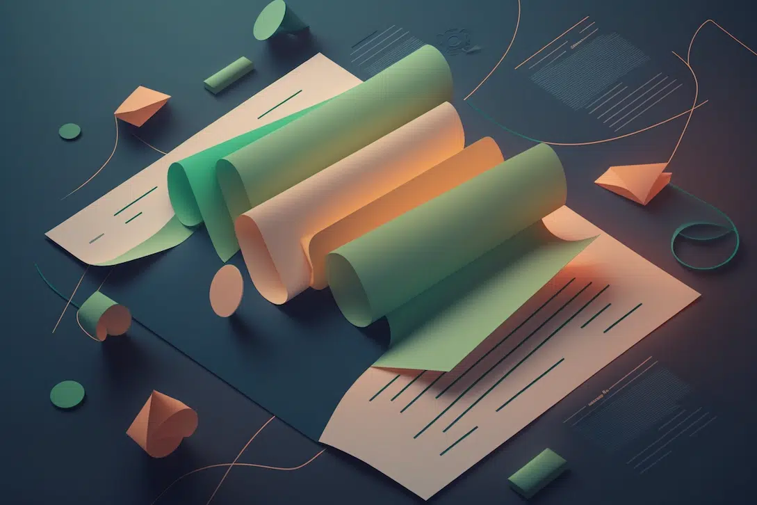 A digital illustration of abstract pastel green and orange paper sheets, some rolled and some flat, arranged on a dark surface—evoking the layered complexity of a breach of contract—with geometric shapes and lines scattered around.