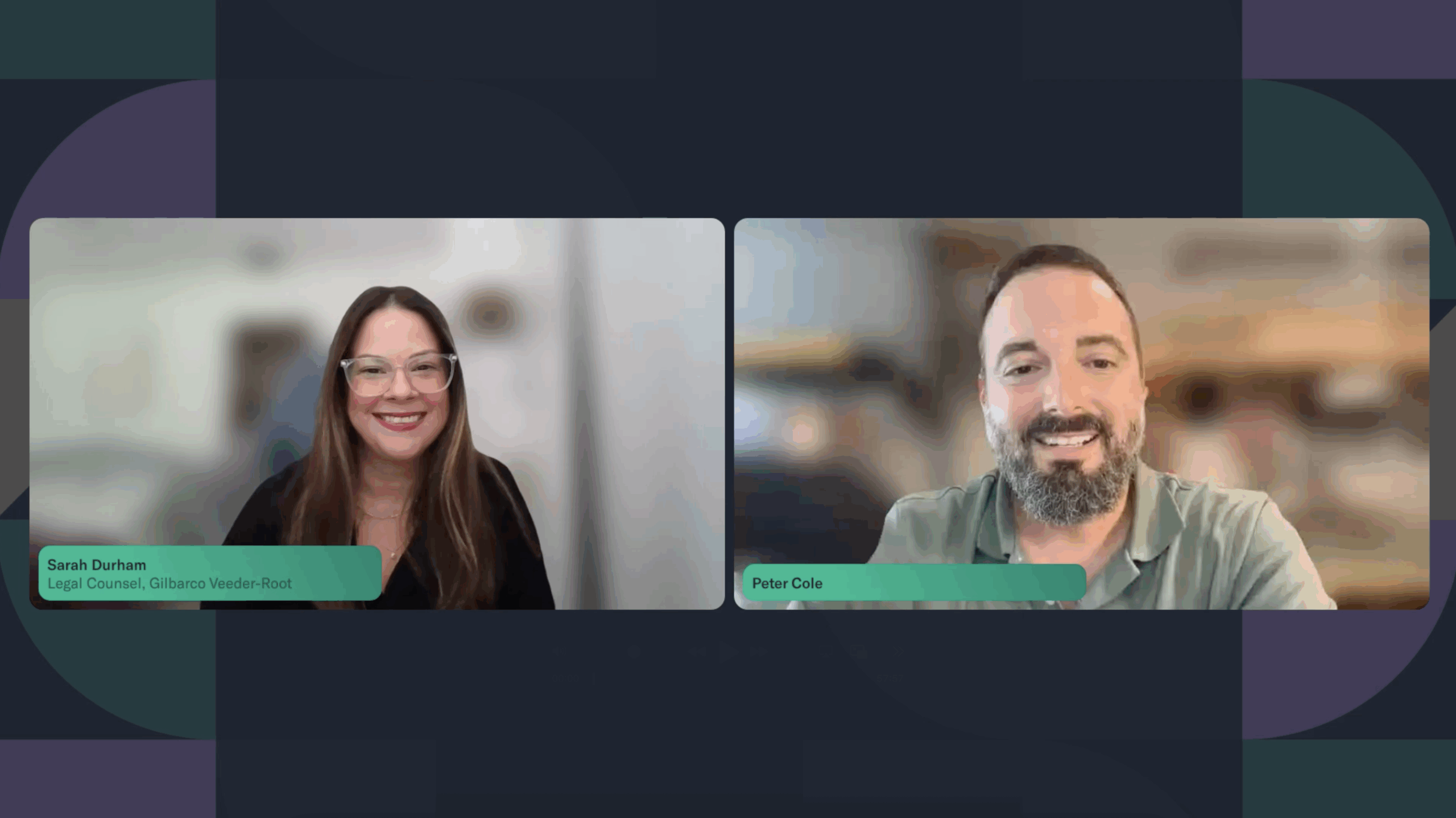 Two people are shown on a video call. The woman on the left is smiling and wearing glasses, while the man on the right also smiles. Their names and titles appear in green boxes—ideal for seamless contact management during virtual meetings.