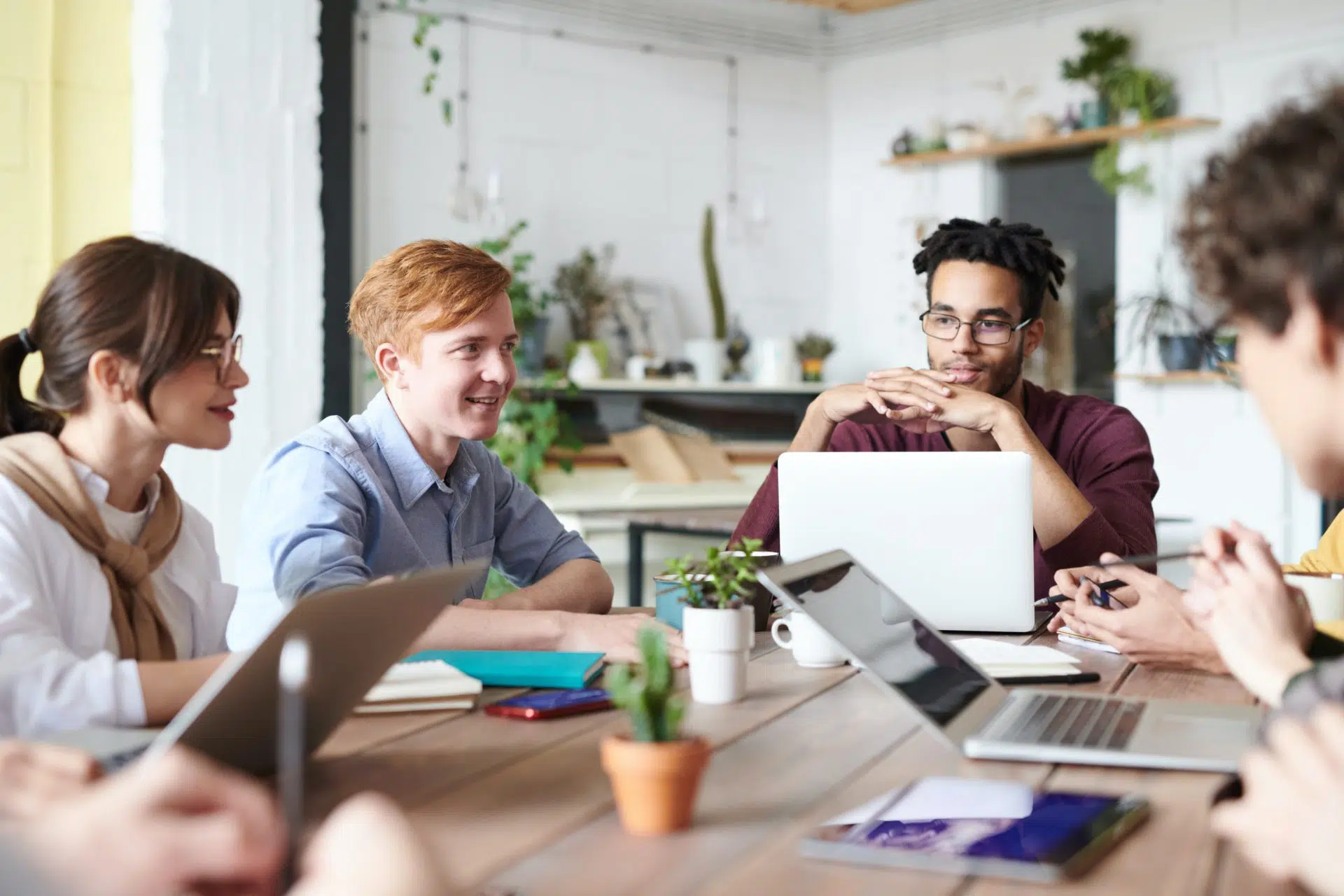 Group of people around a table in front of their laptops | Software License Agreement