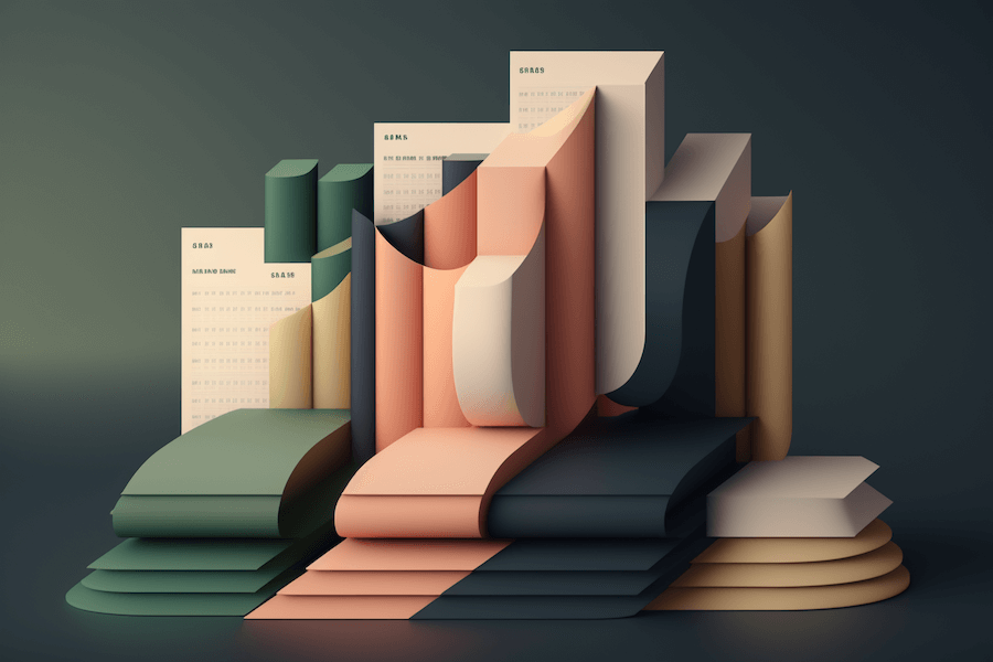 Abstract image of colorful, layered, curved charts and paper sheets, resembling financial graphs and documents arranged in a wavy, artistic composition on a dark background, evoking the complexity of a purchasing process.