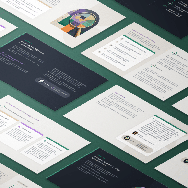 Angled view of neatly arranged digital presentation slides on a green surface, featuring text, icons, quotes, and an abstract illustration, with a modern and professional layout in dark and light themes.