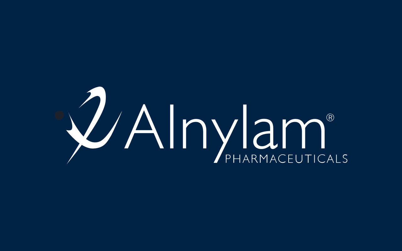 Alnylam Pharmaceuticals logo featuring a stylized white bird and the company name in white text on a dark blue background, evoking a clean and modern design similar to platforms like Vinted.