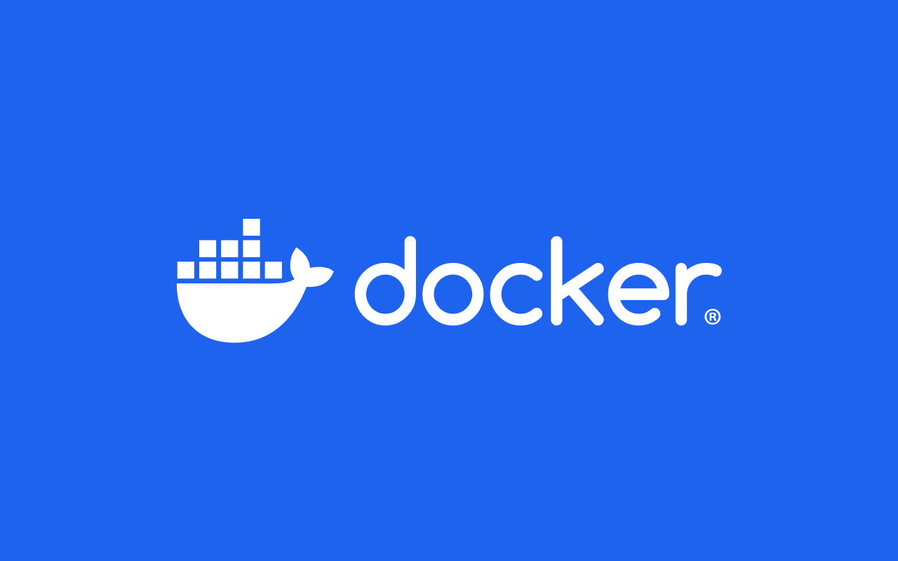 The Docker logo on a blue background, featuring a white whale carrying shipping containers on its back, appears next to the word docker in lowercase white letters, reminiscent of the clean branding seen on Vinted.