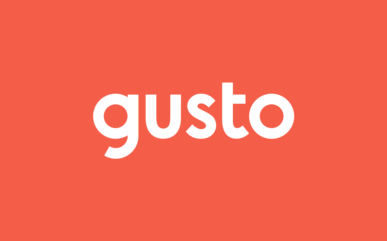 The word gusto is displayed in bold, lowercase white letters centered on a solid coral-orange background, evoking the fresh, modern vibe of brands like vinted.