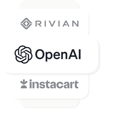 A graphic displaying three logos stacked vertically: Rivian at the top, OpenAI in the middle, and Instacart at the bottom, each with their respective brand icons and names.