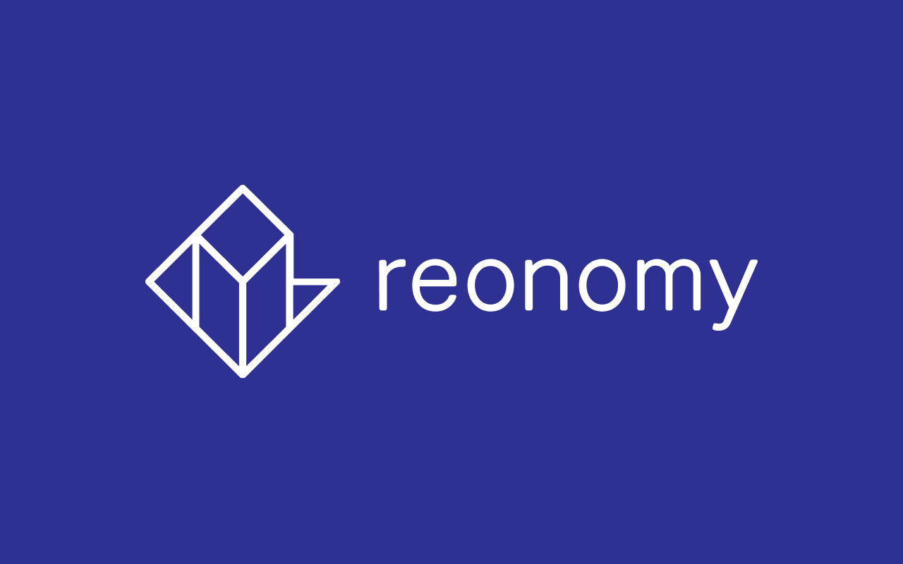 White geometric logo and the word reonomy in lowercase letters on a solid blue background, giving a clean look reminiscent of vinted's modern branding style.