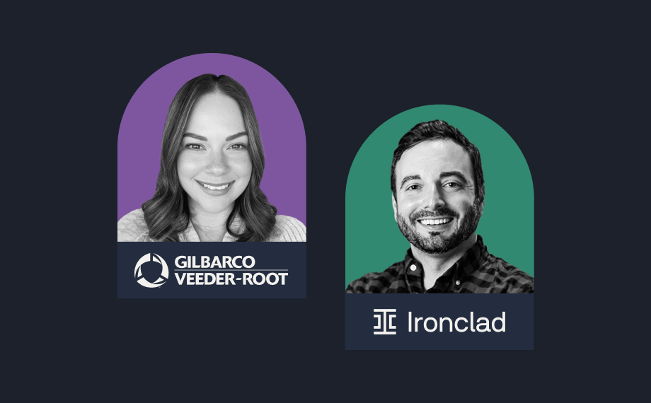 Side-by-side portraits feature a smiling woman with a purple background labeled Gilbarco Veeder-Root and a smiling man with a green background labeled Ironclad, highlighting contact management in professional settings.