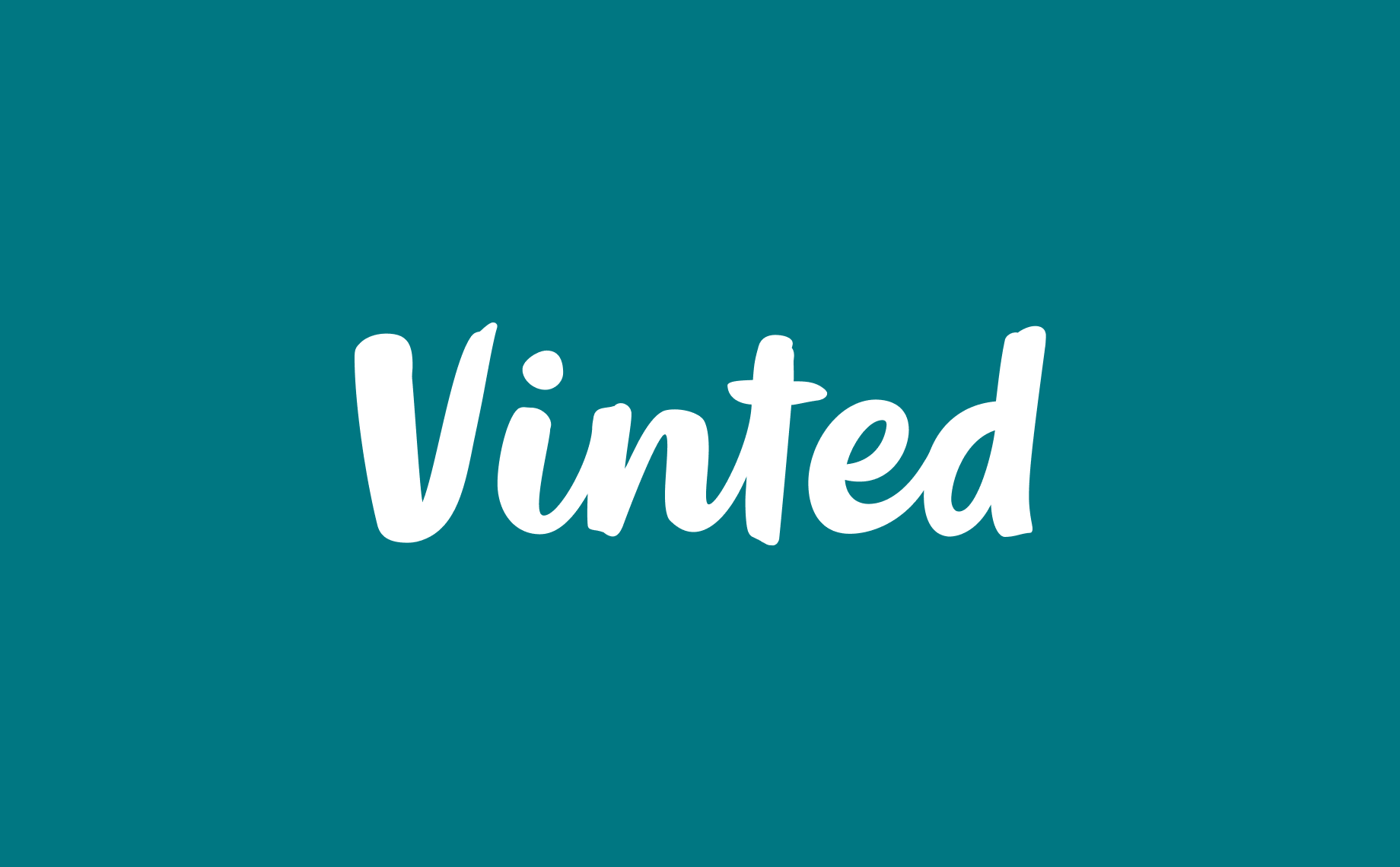 The word Vinted is boldly displayed in a white, casual script font, centered on a teal background, reflecting the relaxed and modern vibe of the Vinted brand.