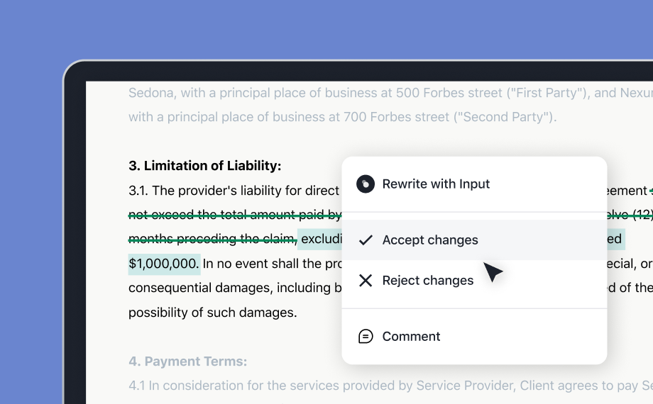 A computer screen displays a document with tracked changes, highlighting the use of AI for career growth. A pop-up menu offers options: Rewrite with Input, Accept changes, Reject changes (highlighted), and Comment. Some text is highlighted and edited.