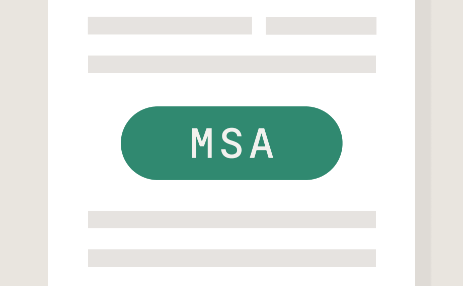 A graphic of a document with grey lines representing text and a large green button labeled MSA in white letters, symbolizing how ai for career growth can streamline and elevate your professional journey.
