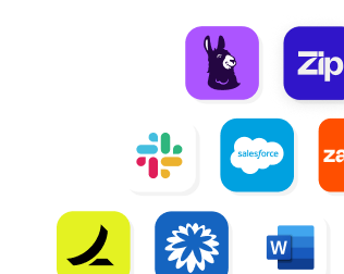 A grid of various app icons, including Slack, Salesforce, Microsoft Word, and other colorful logos, displayed on a light gray background.