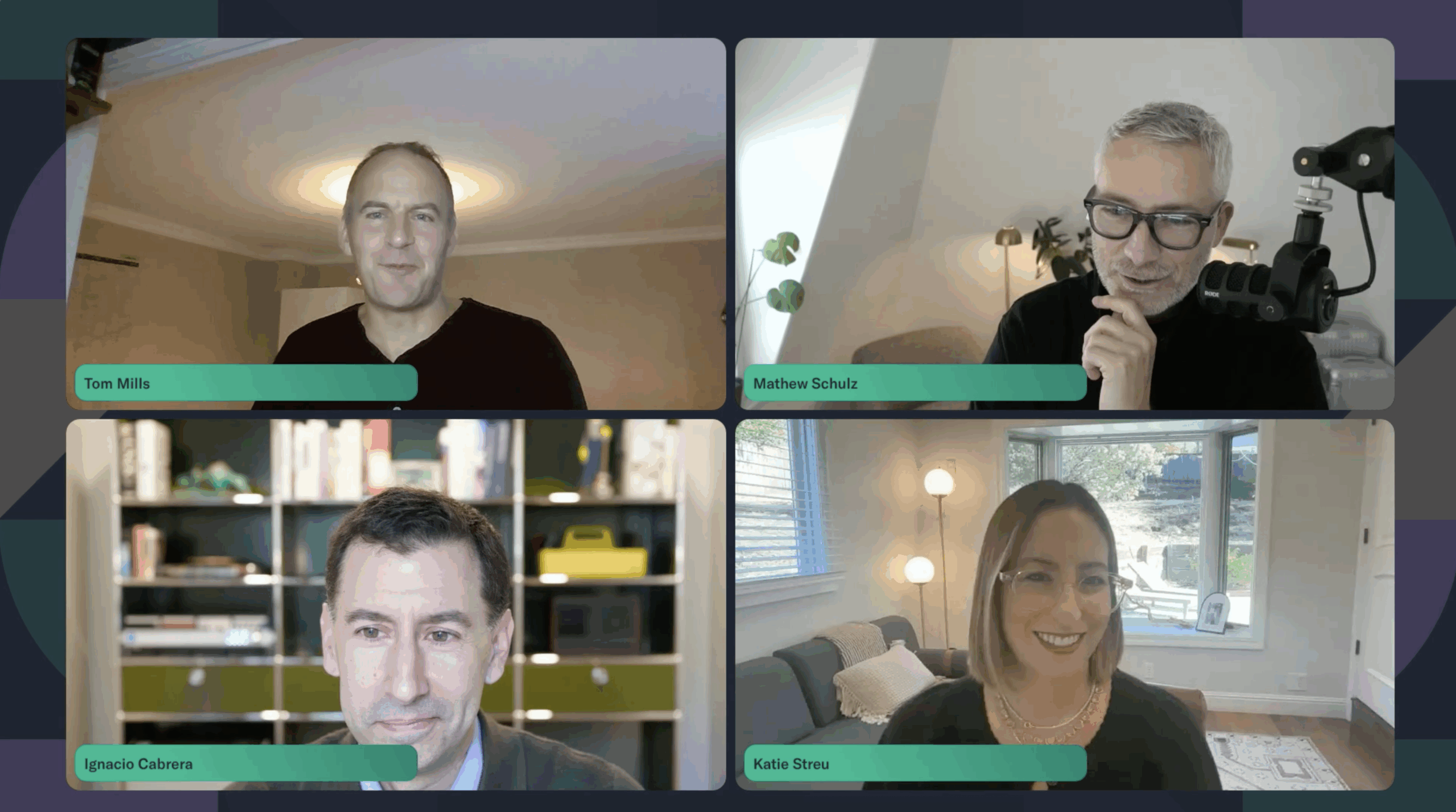 A virtual meeting with four participants in separate video call windows, each labeled with their names—Tom Mills, Mathew Schulz, Ignacio Cabrera, and Katie Strow—discussing procurement AI from their well-lit home offices.