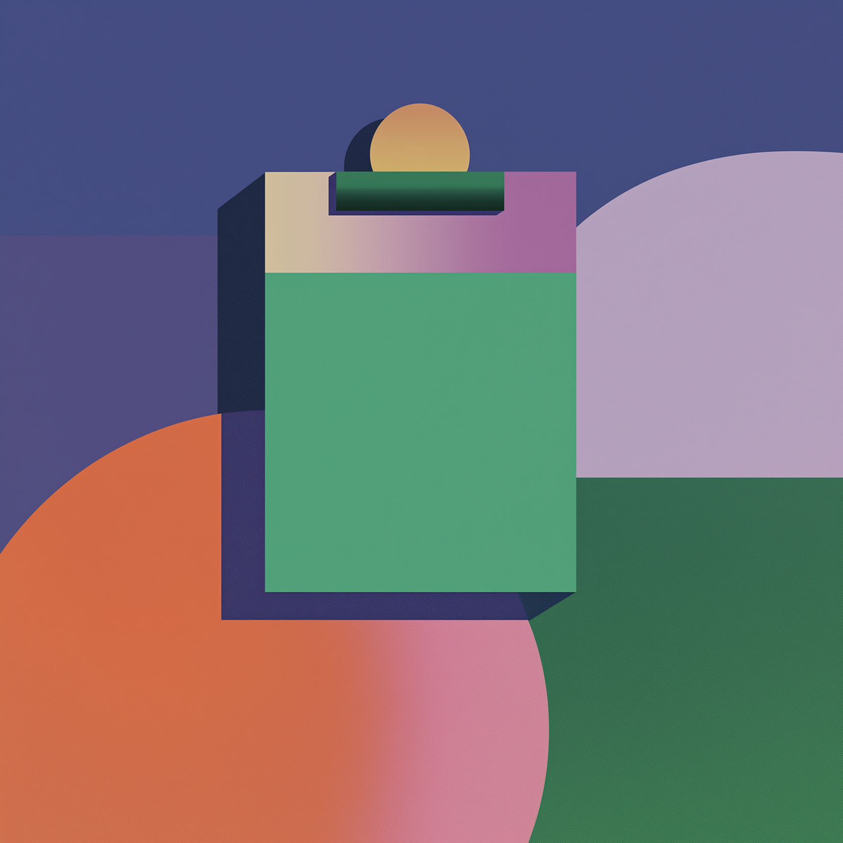Abstract geometric artwork with a large green rectangle, a gold circle at the top, and overlapping semicircles in orange, pink, and purple tones set against a blue and green background—much like the innovative design found in modern AI legal software.