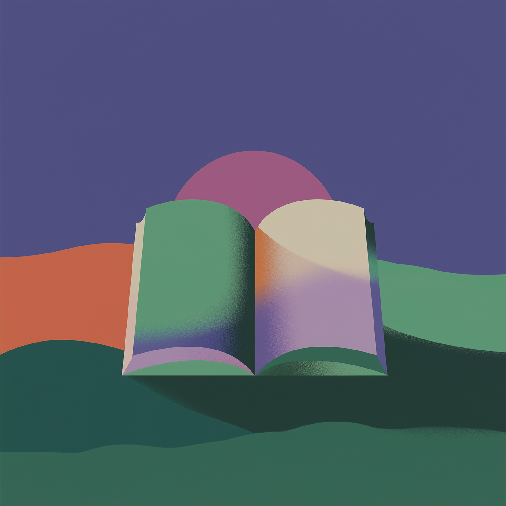 An abstract illustration of an open book with softly blended colors, set against a backdrop of wavy green, orange, and purple shapes—symbolizing the dawn of ai legal research—with a large semi-circle resembling a sun or moon in the background.