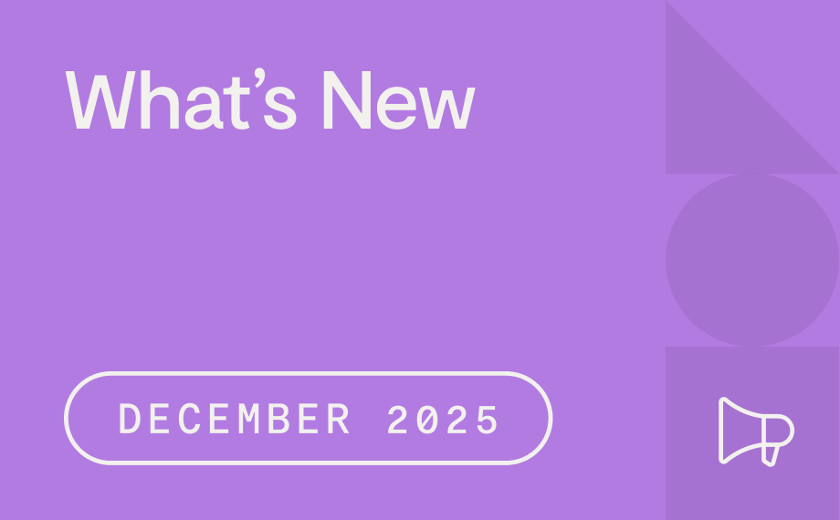 Purple graphic with the text “What’s New” and “December 2025” in a rounded box. Abstract shapes surround a white megaphone icon in the lower right corner, highlighting updates on contract AI advancements.