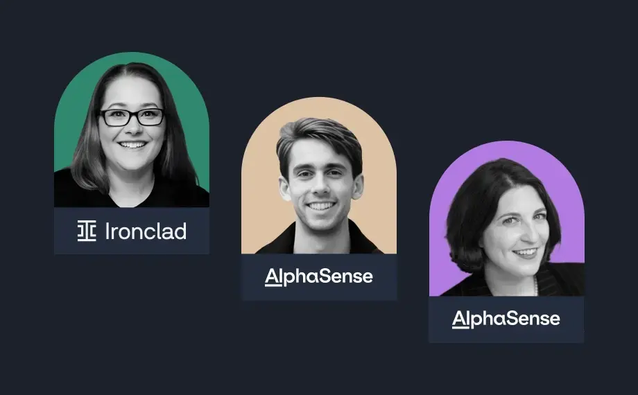Three professional headshots with company logos: a smiling woman for Ironclad (left, green background), and two for AlphaSense (center man, beige background; right woman, purple background), highlighting seamless salesforce integration.