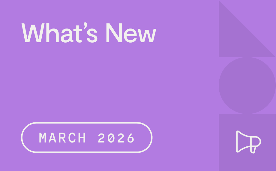 A purple graphic with the text Whats New at the top, contract AI and March 2026 inside a rounded rectangle at the bottom left, and a white megaphone icon in the lower right corner. Geometric shapes appear in the background.