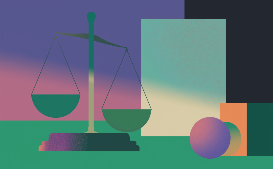A stylized illustration of a balance scale stands among abstract geometric shapes, including a rectangle and a sphere, with a gradient background featuring shades of purple, green, and orange.
